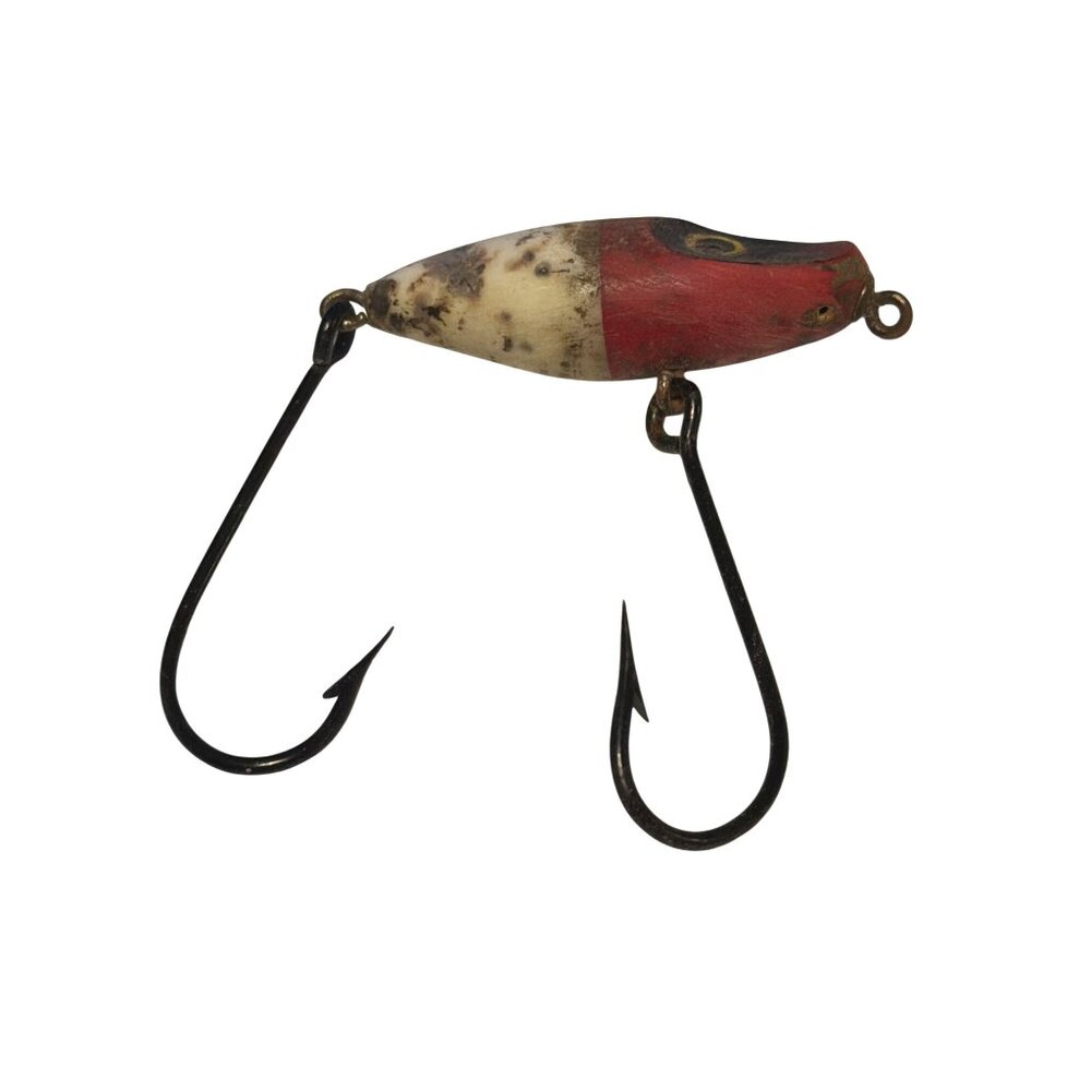 Vintage Dual Hook Fishing Lure Red & White Wooden Body With Yellow & Black